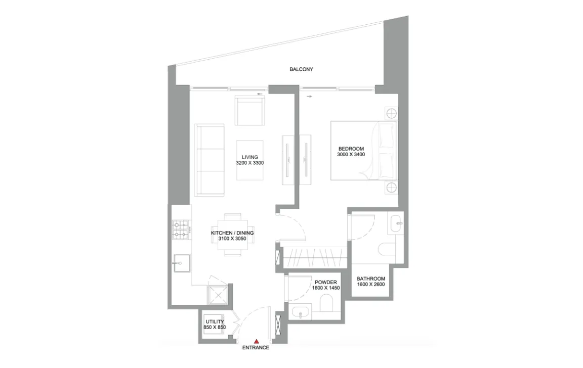 1 BR Floor Plan 2